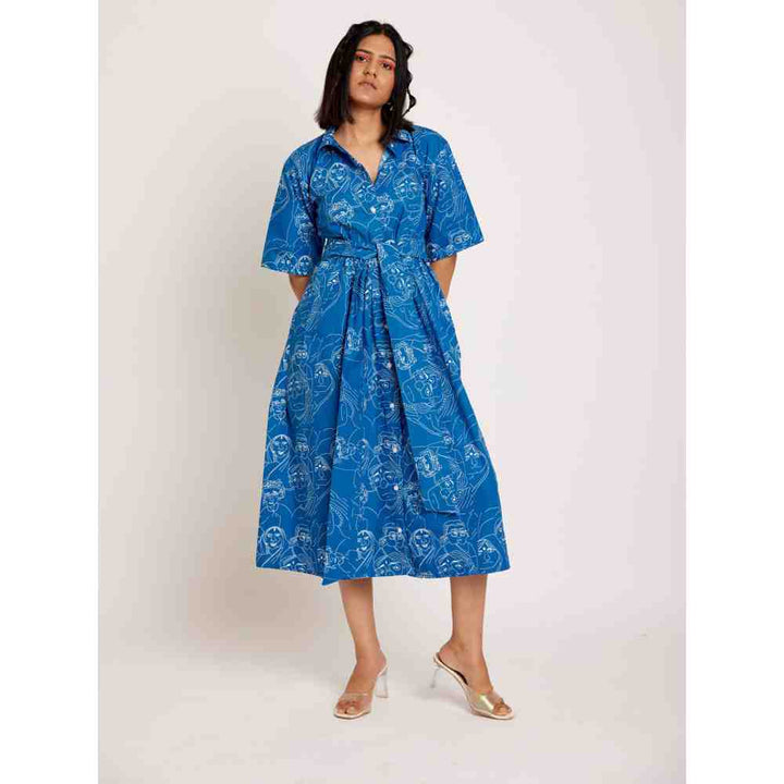 RadhaRaman Blue Town Midi Dress with Belt (Set of 2)