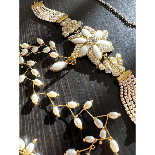 RAISHAA Pearl and silver rhinestone floral choker Body ornament