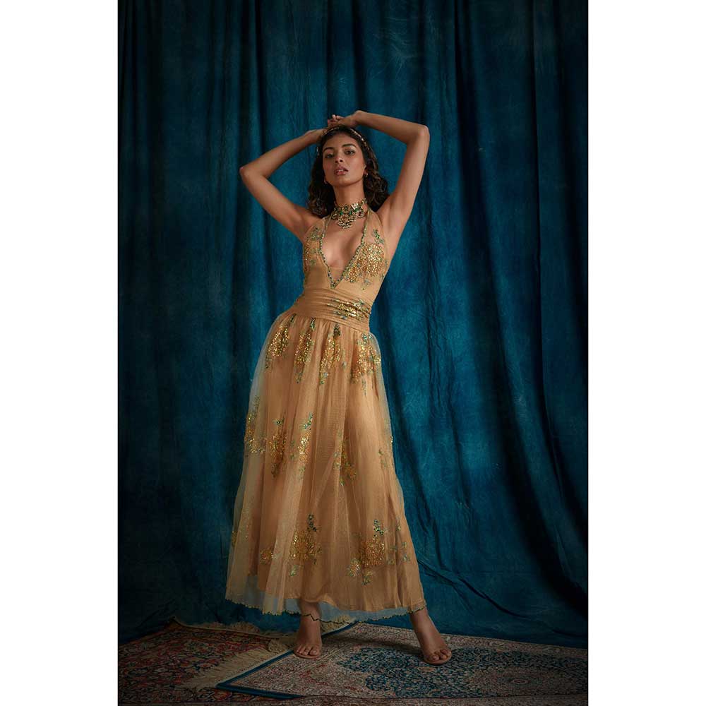 RAISHAA Golden Girl Embellished Halter Dress