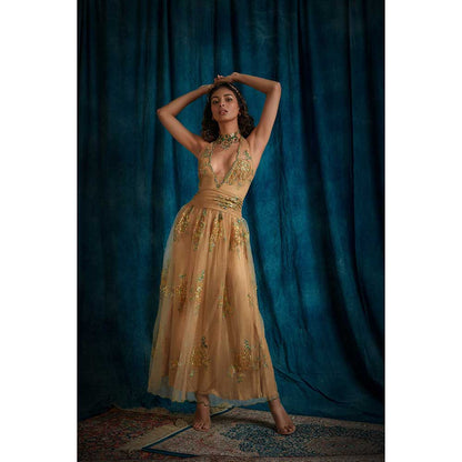RAISHAA Golden Girl Embellished Halter Dress