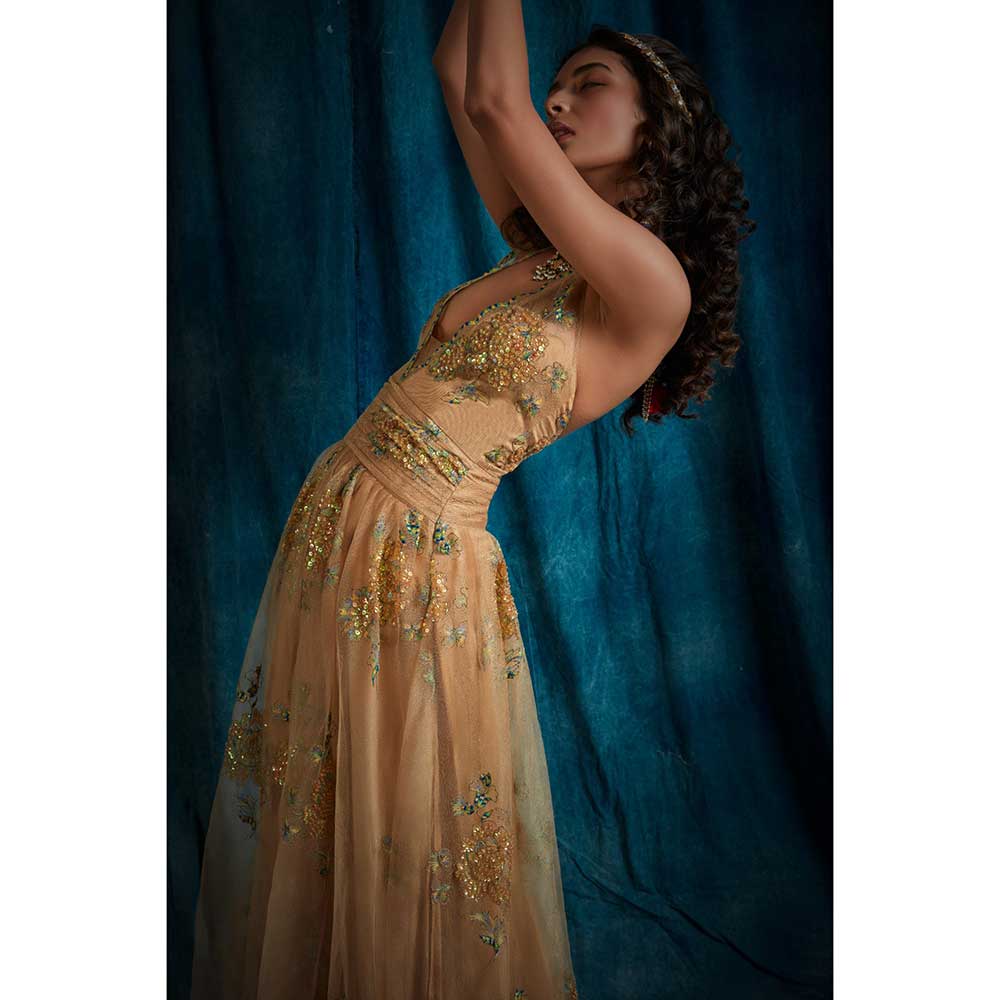 RAISHAA Golden Girl Embellished Halter Dress