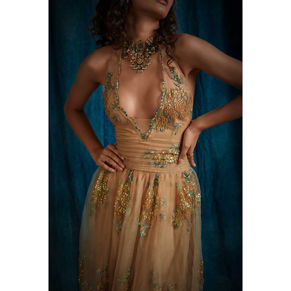 RAISHAA Golden Girl Embellished Halter Dress