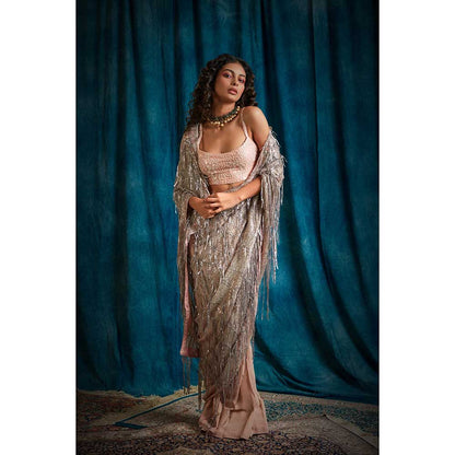 RAISHAA Silver Pink Sapphire Sequin Saree with Stitched Spaghetti Blouse