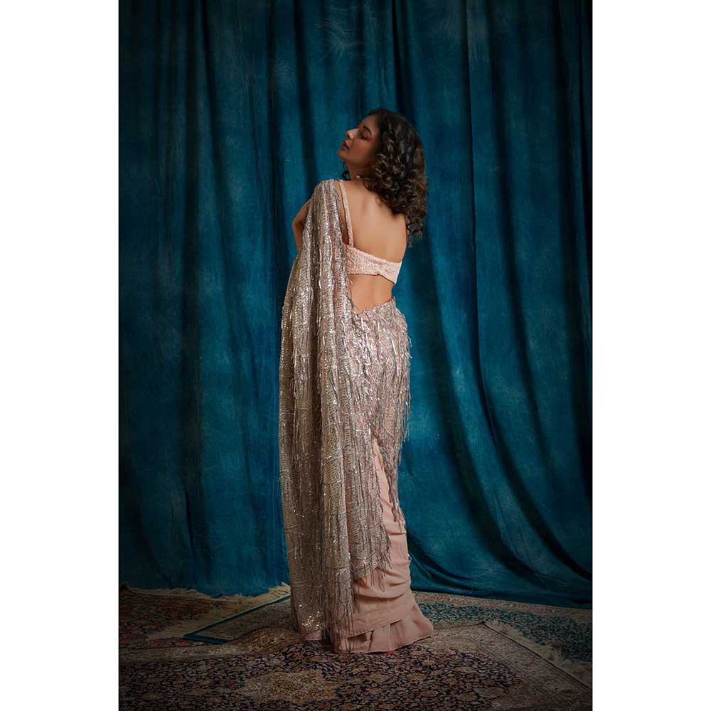 RAISHAA Silver Pink Sapphire Sequin Saree with Stitched Spaghetti Blouse