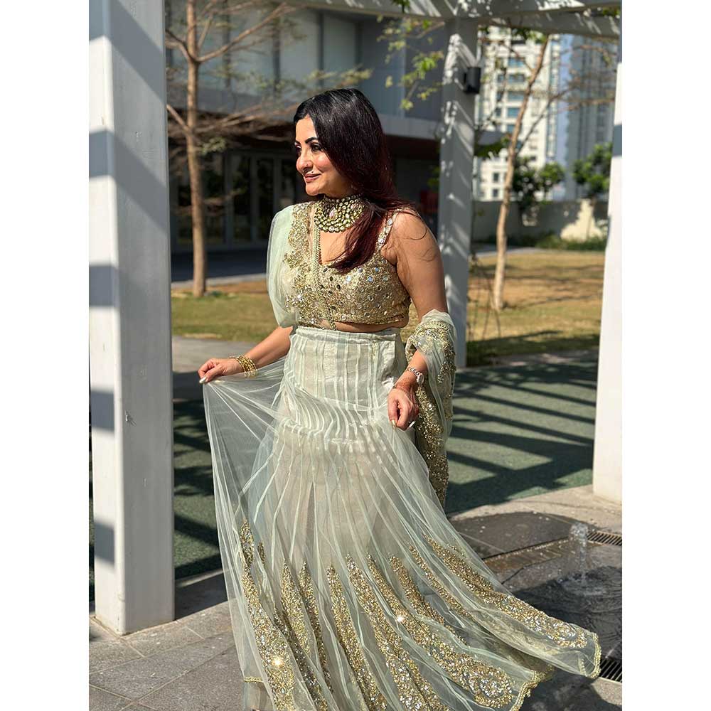 RAISHAA Green Iris Draped Saree with Unstitched Blouse