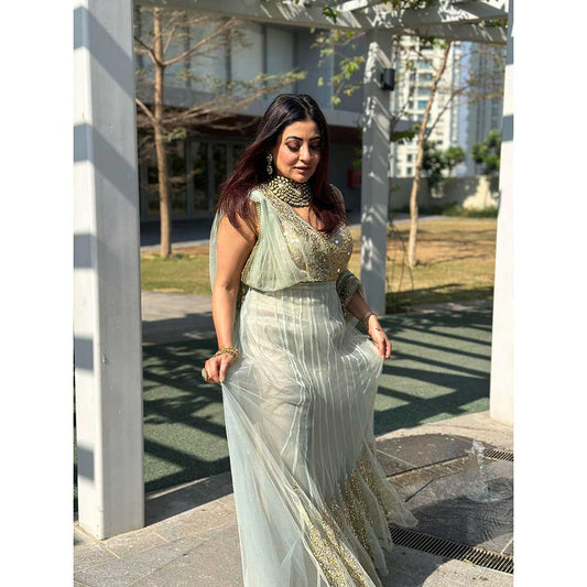 RAISHAA Green Iris Draped Saree with Unstitched Blouse