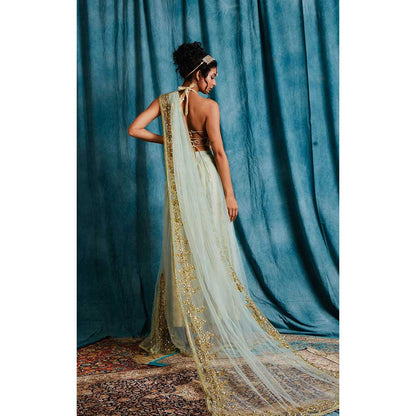 RAISHAA Green Iris Draped Saree with Unstitched Blouse