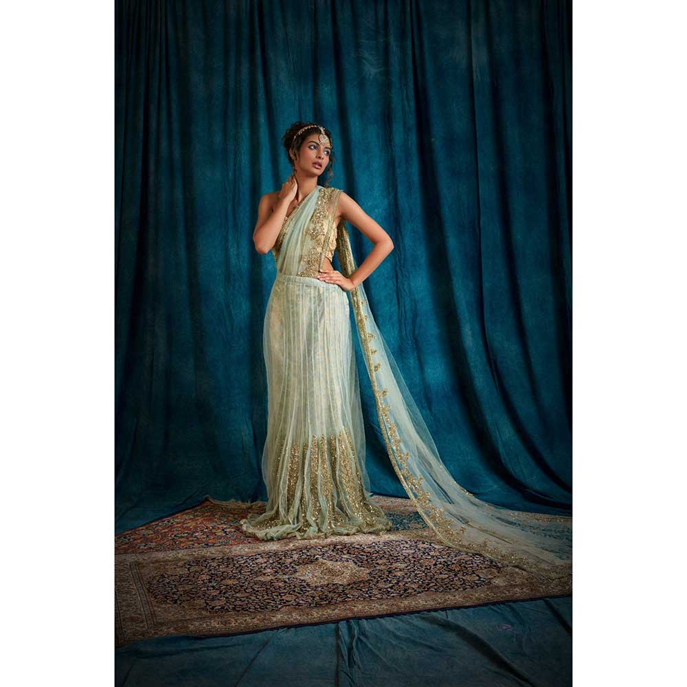 RAISHAA Green Iris Draped Saree with Unstitched Blouse