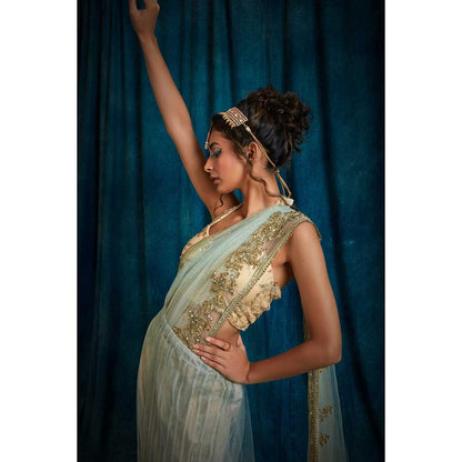 RAISHAA Green Iris Draped Saree with Unstitched Blouse