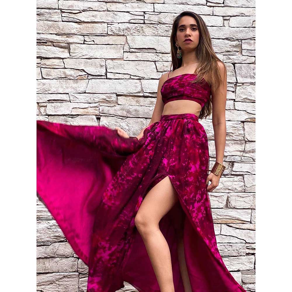 RAISHAA Beetroot Pink Scarlet Rose Blouse with Skirt (Set of 2)