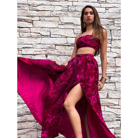 RAISHAA Beetroot Pink Scarlet Rose Blouse with Skirt (Set of 2)