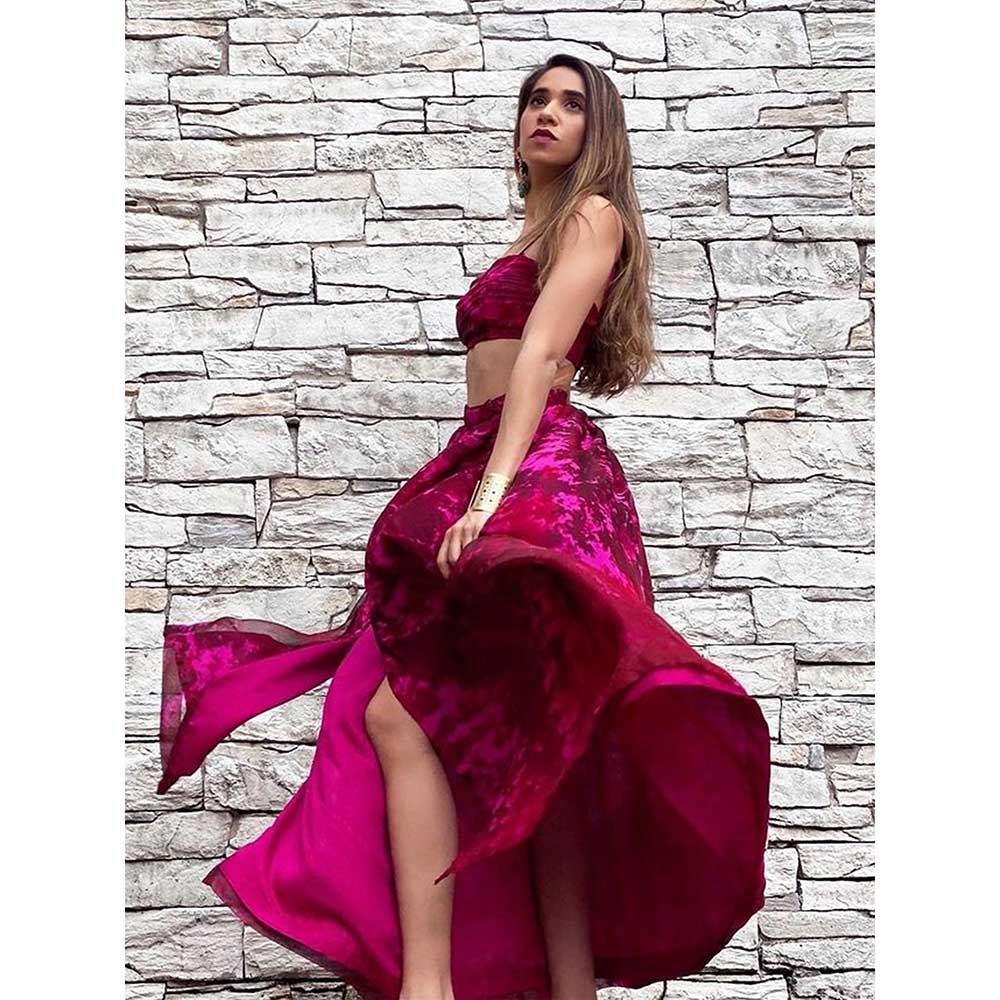 RAISHAA Beetroot Pink Scarlet Rose Blouse with Skirt (Set of 2)