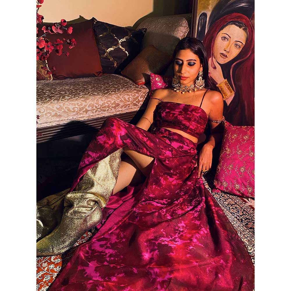 RAISHAA Beetroot Pink Scarlet Rose Blouse with Skirt (Set of 2)