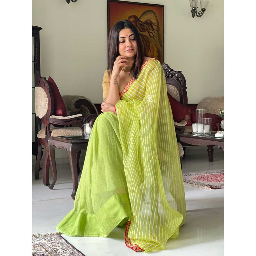 RAISHAA Neon Yellow Lemon And Lime Saree with Stitched Blouse (Set of 2)