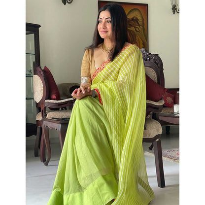RAISHAA Neon Yellow Lemon And Lime Saree with Stitched Blouse (Set of 2)