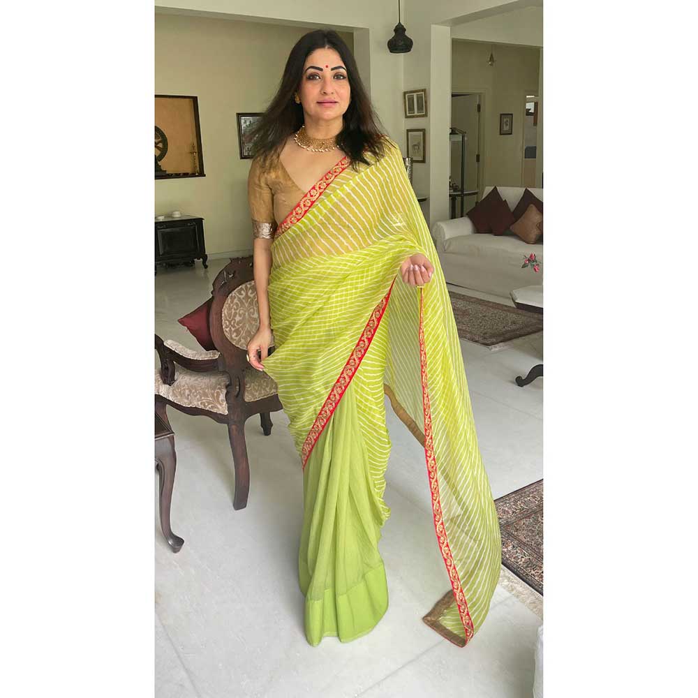 RAISHAA Neon Yellow Lemon And Lime Saree with Stitched Blouse (Set of 2)