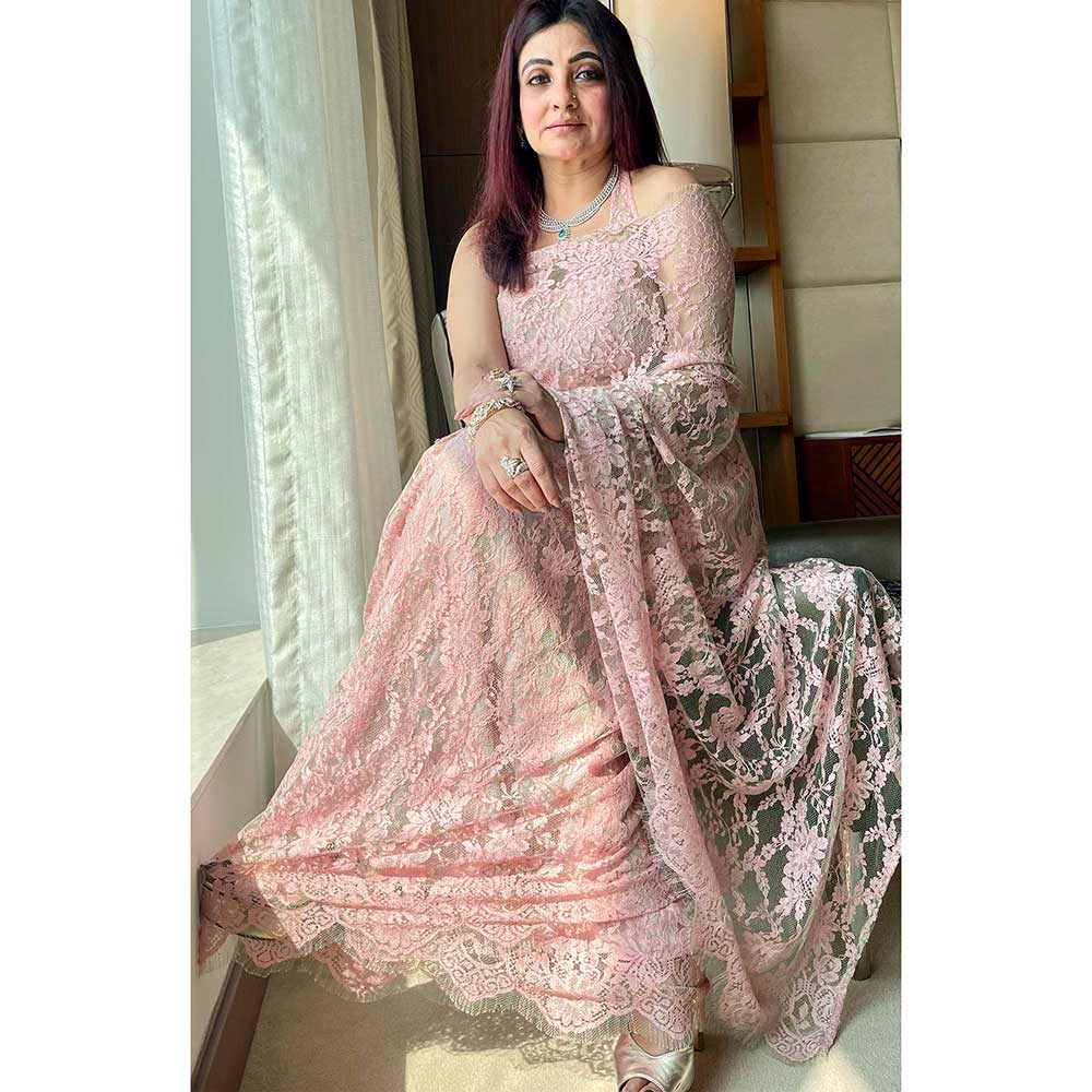 RAISHAA Baby Pink Cherry Blossom Saree with Stitched Blouse (Set of 2)