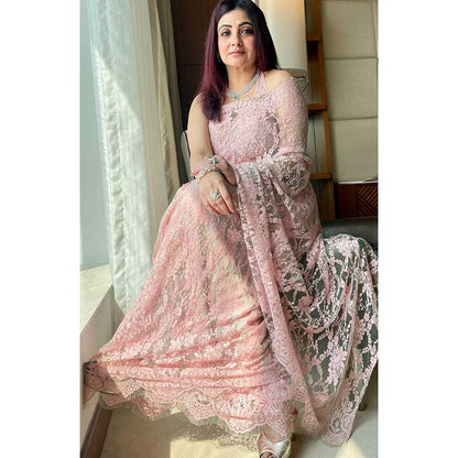 RAISHAA Baby Pink Cherry Blossom Saree with Stitched Blouse (Set of 2)