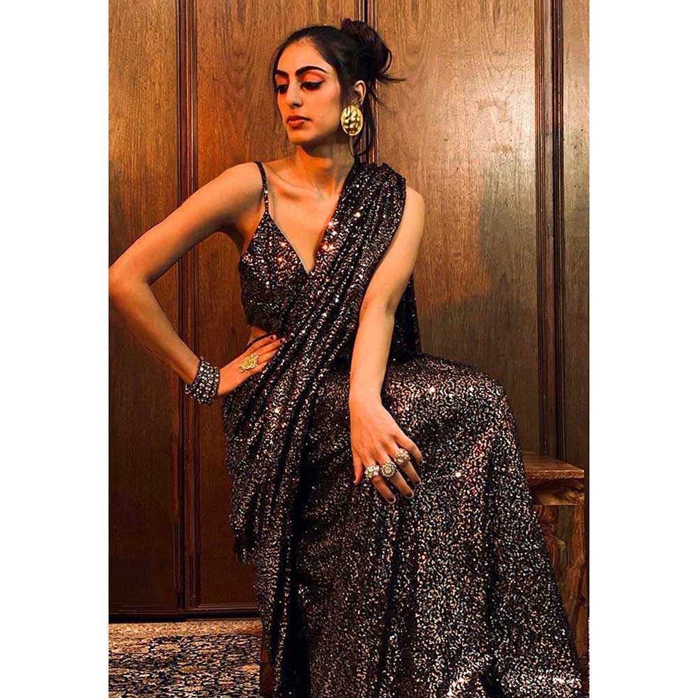 RAISHAA Bronze Paparazzi Saree with Stitched Blouse (Set of 2)