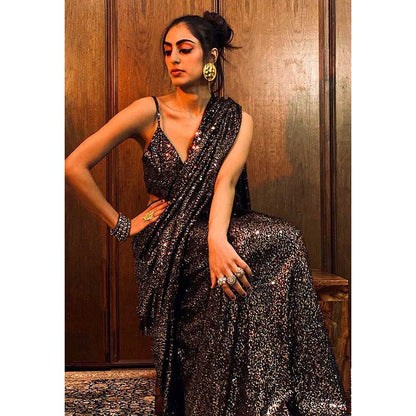 RAISHAA Bronze Paparazzi Saree with Stitched Blouse (Set of 2)