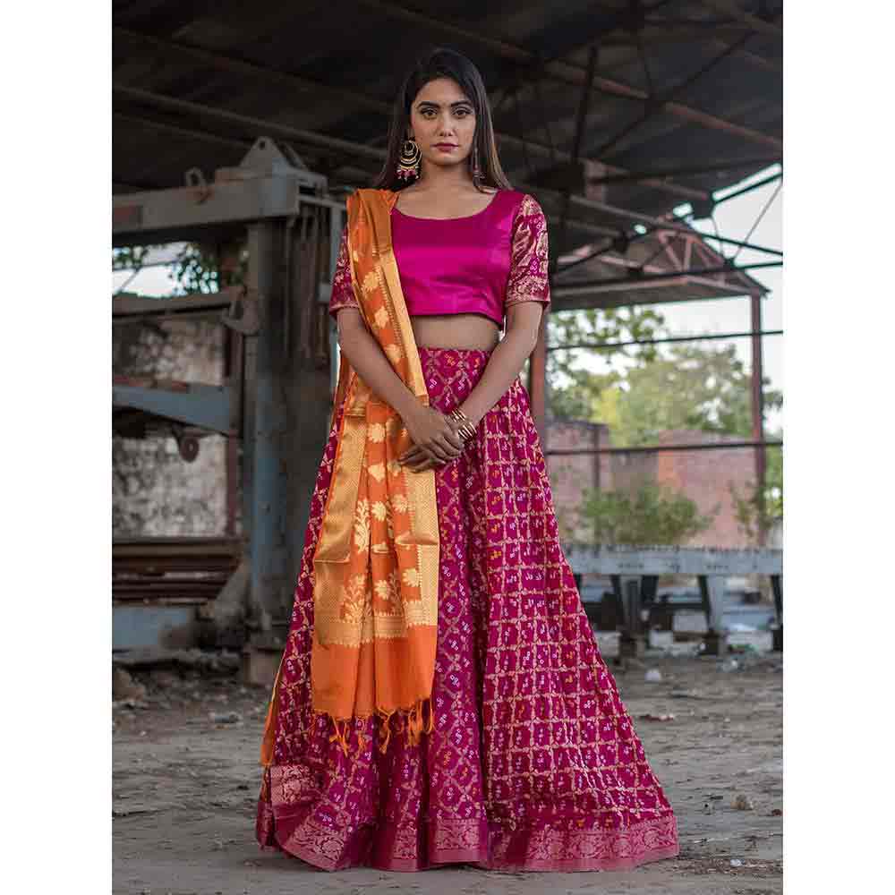 Rangpur Pink Art Silk Lehenga Set With Banarasi Dupatta