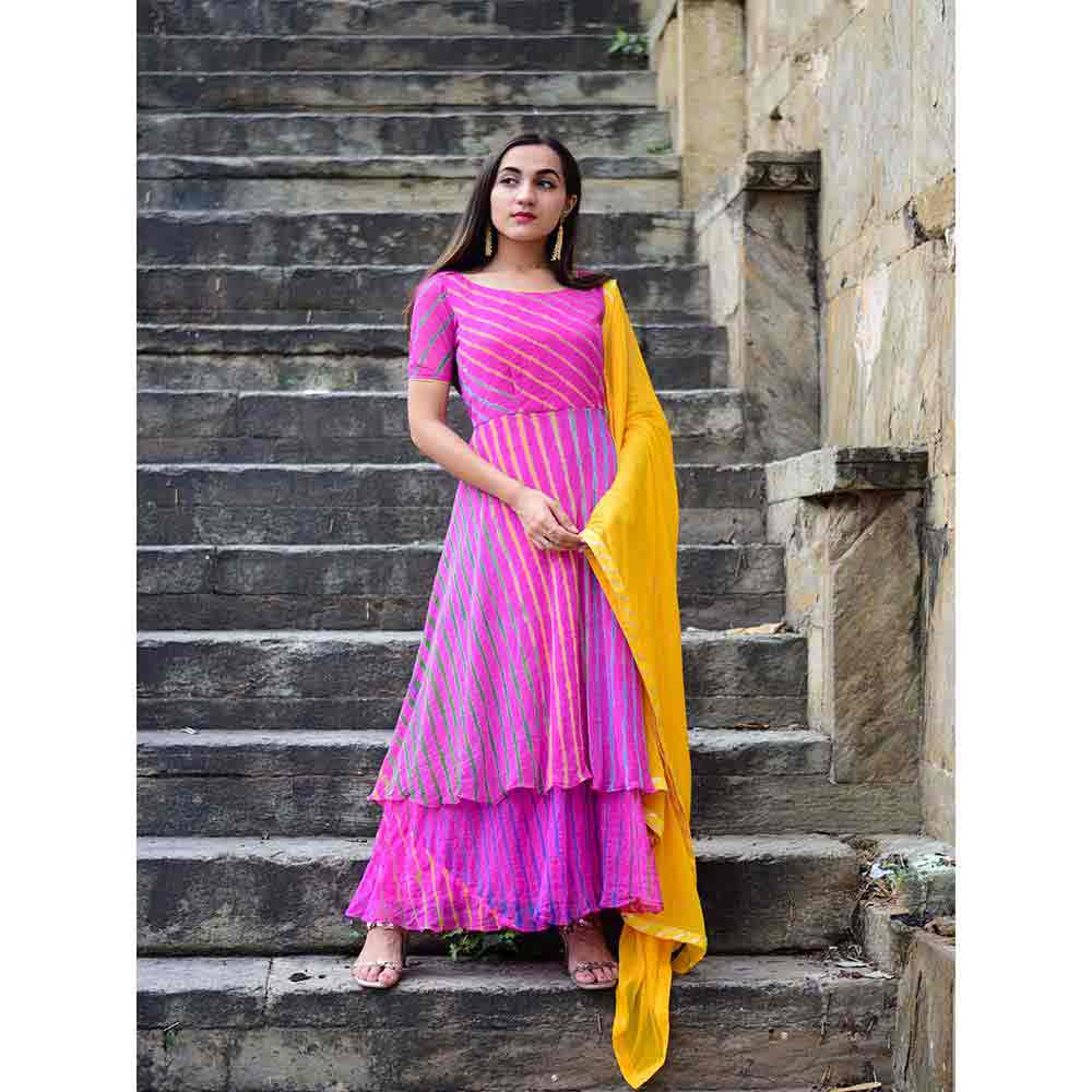 Rangpur Pink Striped Anarkali With Dupatta - Set of 2