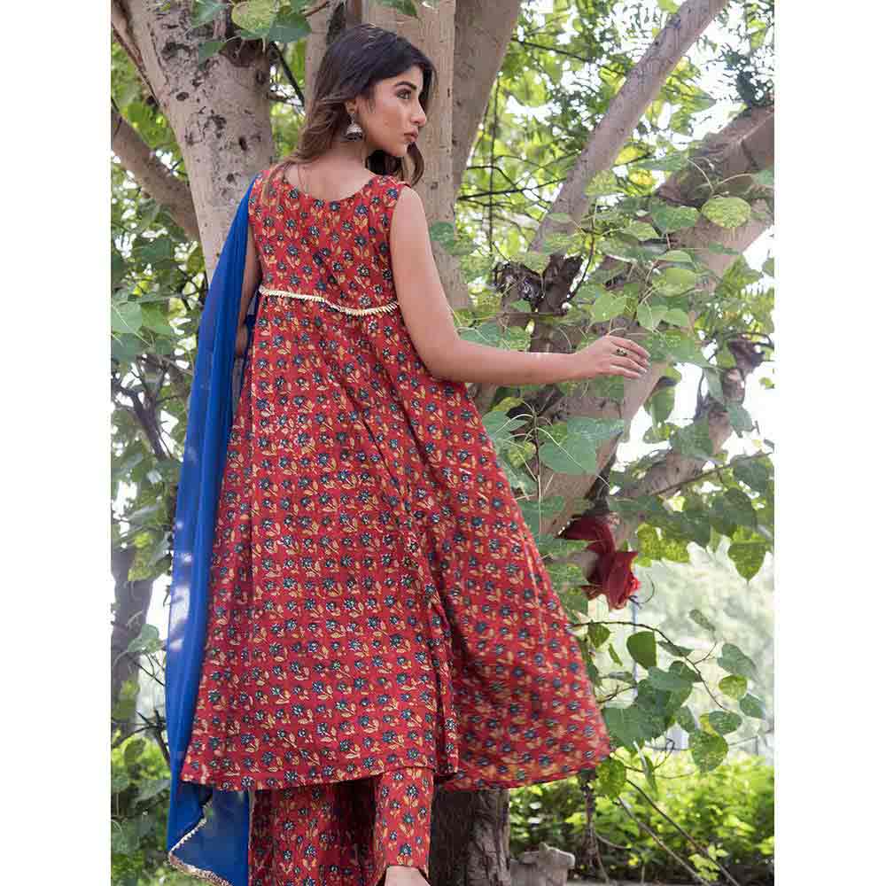Rangpur Red Marron Flared Dress With Palazzo With Blue Dupatta
