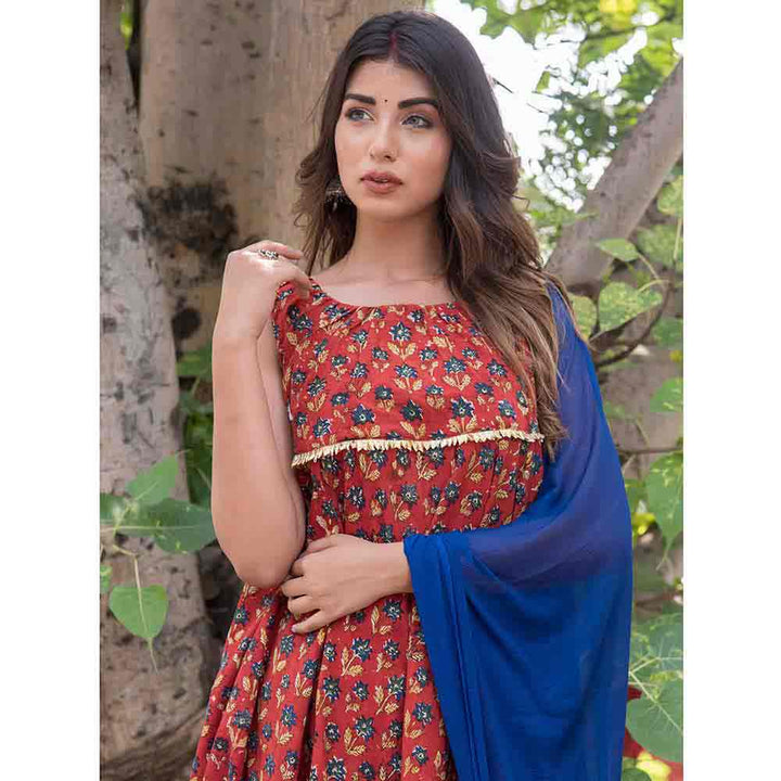 Rangpur Red Marron Flared Dress With Palazzo With Blue Dupatta