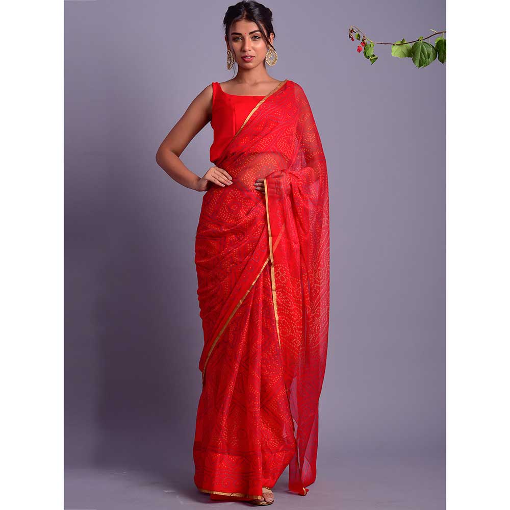 Rangpur Red Chiffon Saree With Blue Bandhani Print With Stitched Blouse (Set of 2)