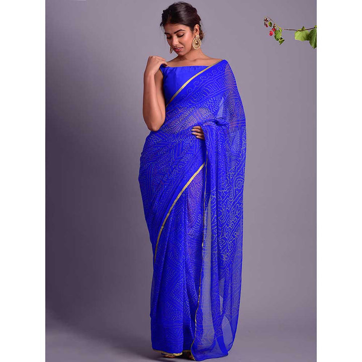 Rangpur Royal Blue Bandhej Printed Saree With Stitched Blouse (Set of 2)