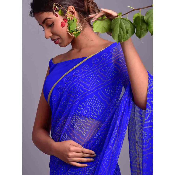 Rangpur Royal Blue Bandhej Printed Saree With Stitched Blouse (Set of 2)