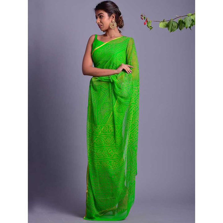 Rangpur Green Bandhani Print Saree With Chiffon Stitched Blouse (Set of 2)