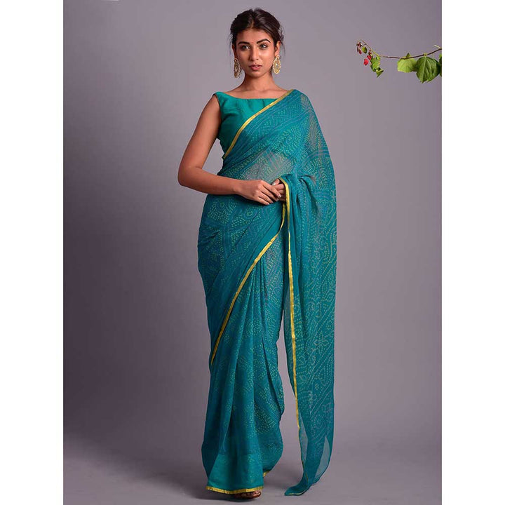 Rangpur Teal Printed Saree With Stitched Blouse (Set of 2)