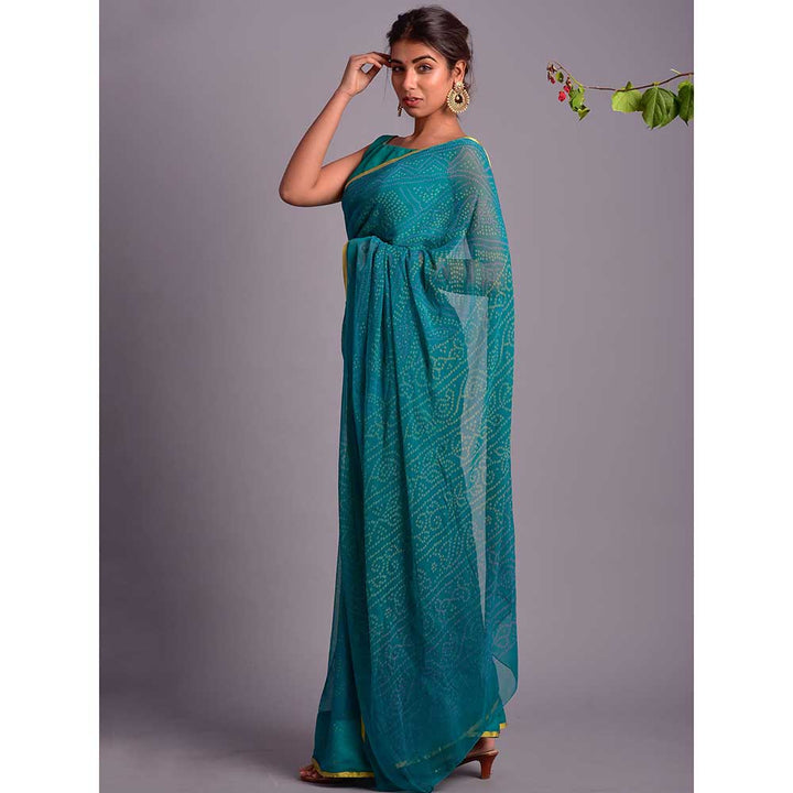 Rangpur Teal Printed Saree With Stitched Blouse (Set of 2)