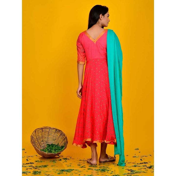 Rangpur Rani Pink Bandhani Flared Dress With Dupatta (Set of 2)