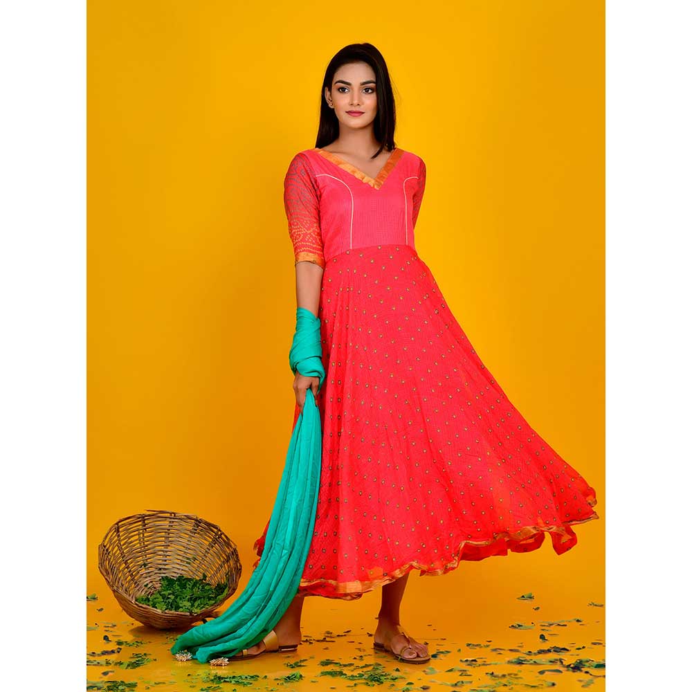 Rangpur Rani Pink Bandhani Flared Dress With Dupatta (Set of 2)