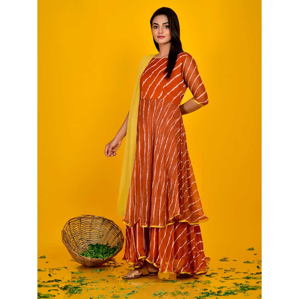 Rangpur Brown Double Layered Anarkali Dress With Dupatta (Set of 2)