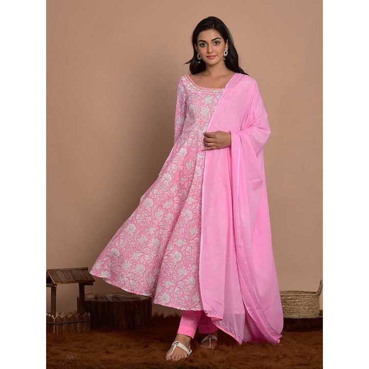 Rangpur Pink Printed Anakali With Pant & Dupatta (Set of 3)