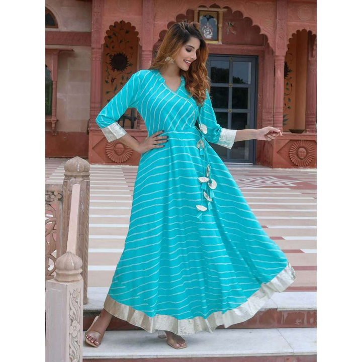 Rangmayee Womens Turquoise Blue & White Gotta Patti Leheriya Print Angrakha Maxi Dress