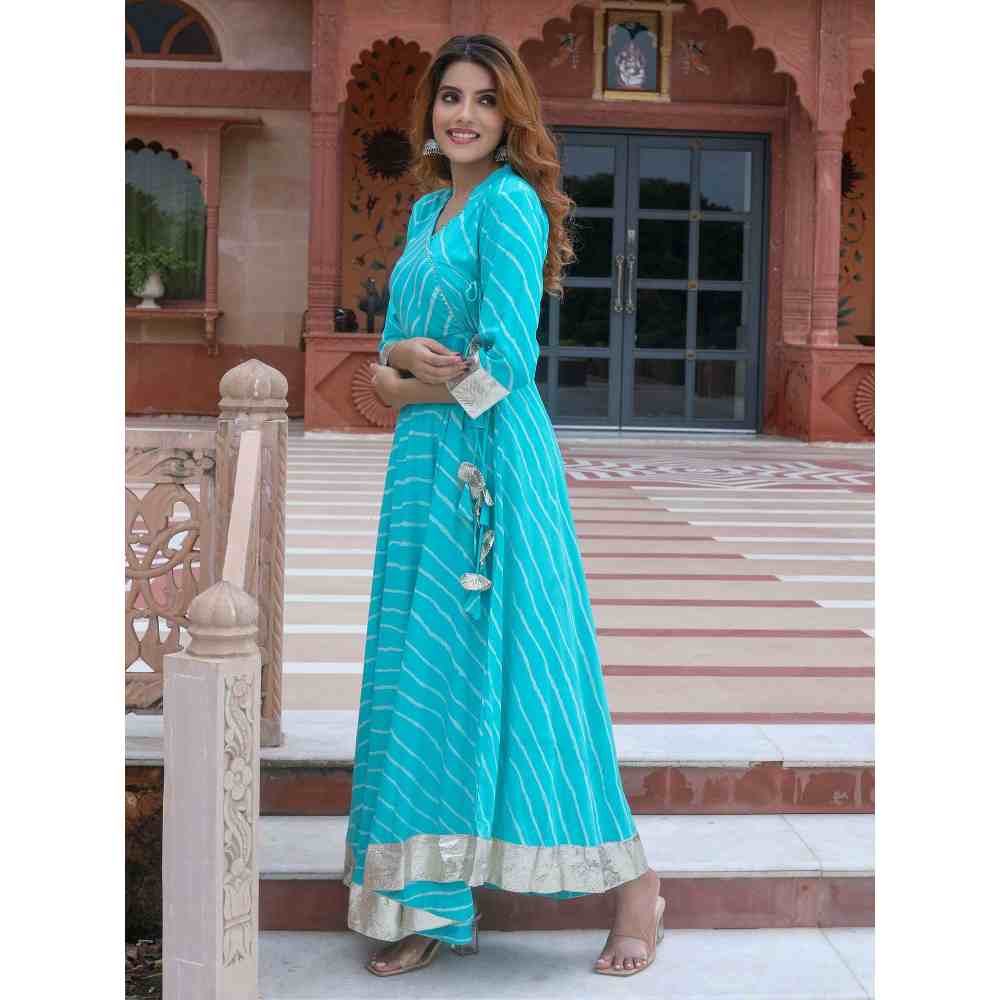 Rangmayee Womens Turquoise Blue & White Gotta Patti Leheriya Print Angrakha Maxi Dress