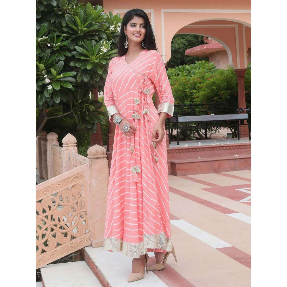 Rangmayee Womens Pink & White Gotta Patti Leheriya Print Angrakha Maxi Dress