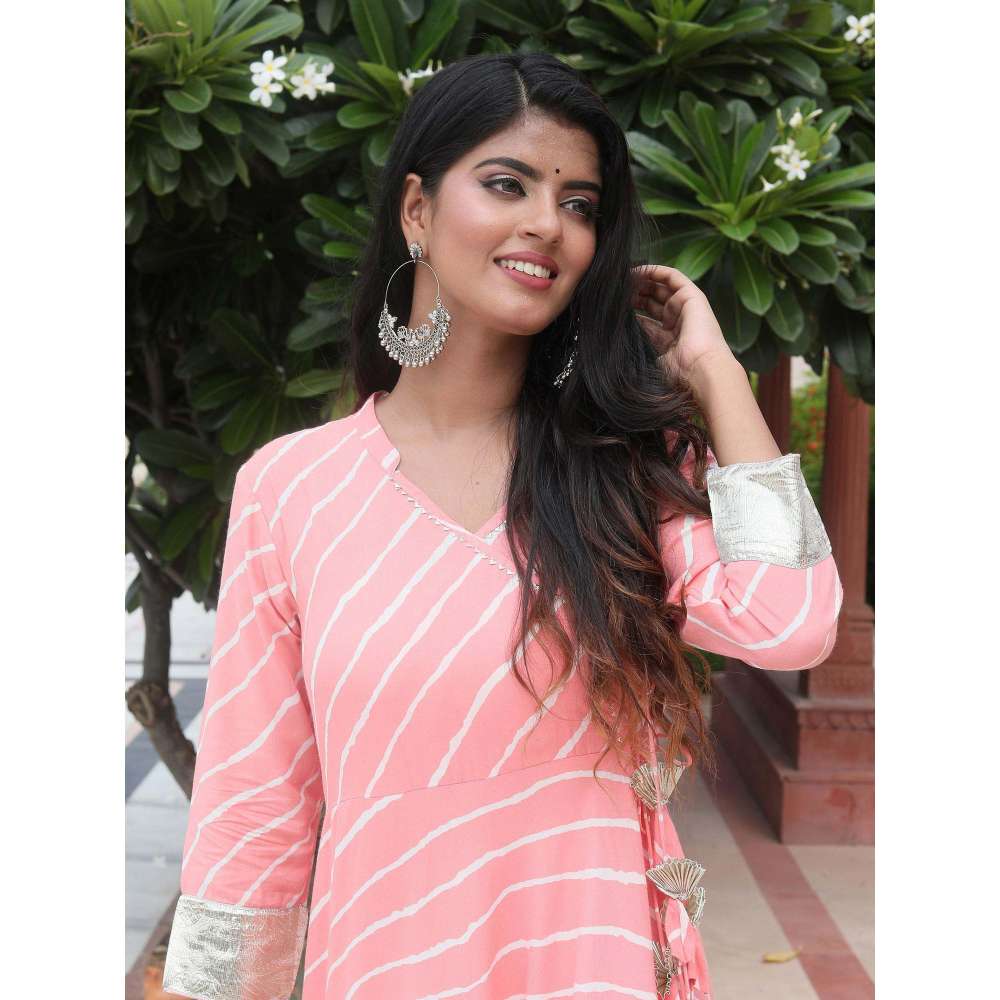 Rangmayee Womens Pink & White Gotta Patti Leheriya Print Angrakha Maxi Dress