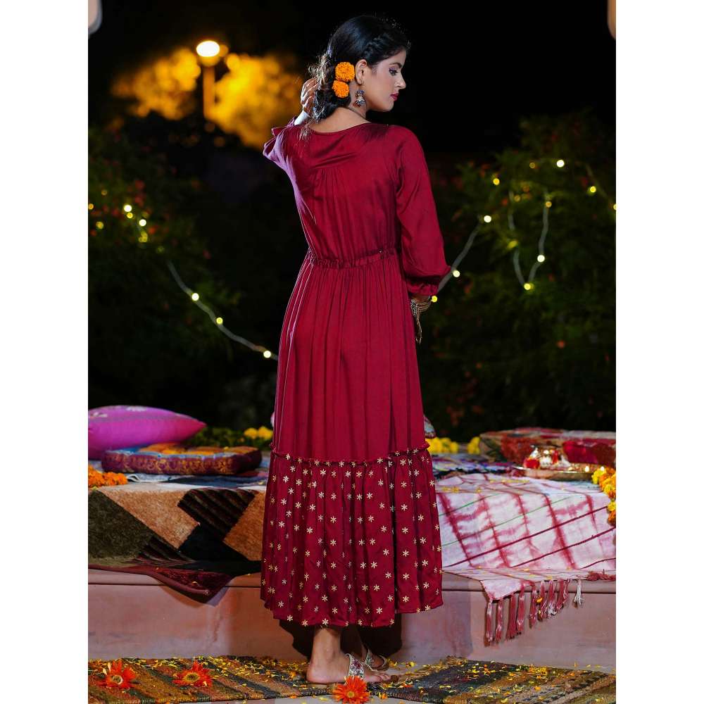 Rangmayee Womens Maroon & Gold Embroidered Tiered Maxi Dress