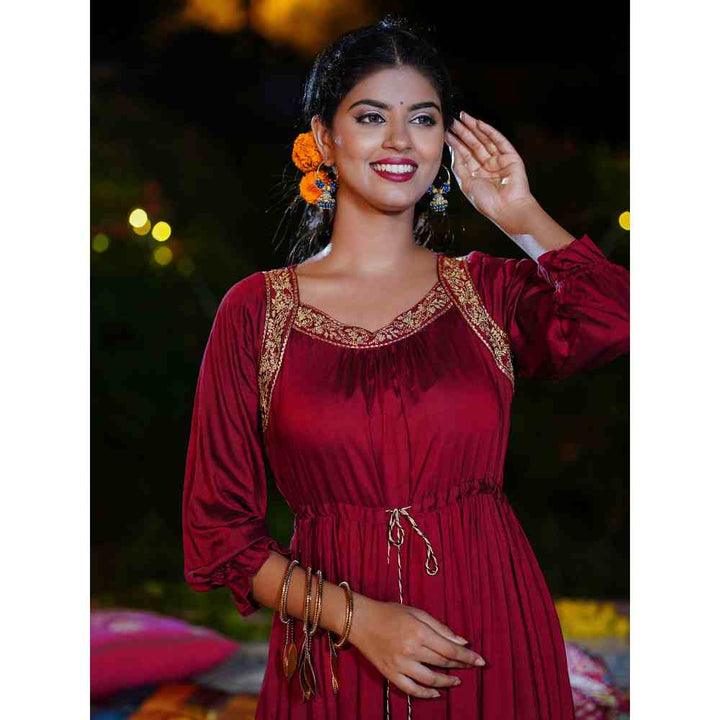 Rangmayee Womens Maroon & Gold Embroidered Tiered Maxi Dress