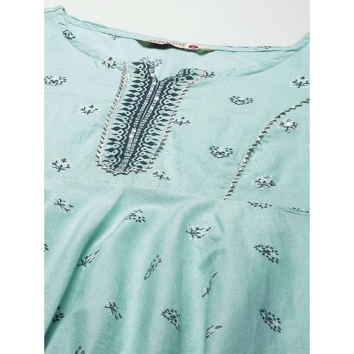 Rangmayee Womens Turquoise Blue & White Gotta Patti Floral Print Anarkali Maxi Dress