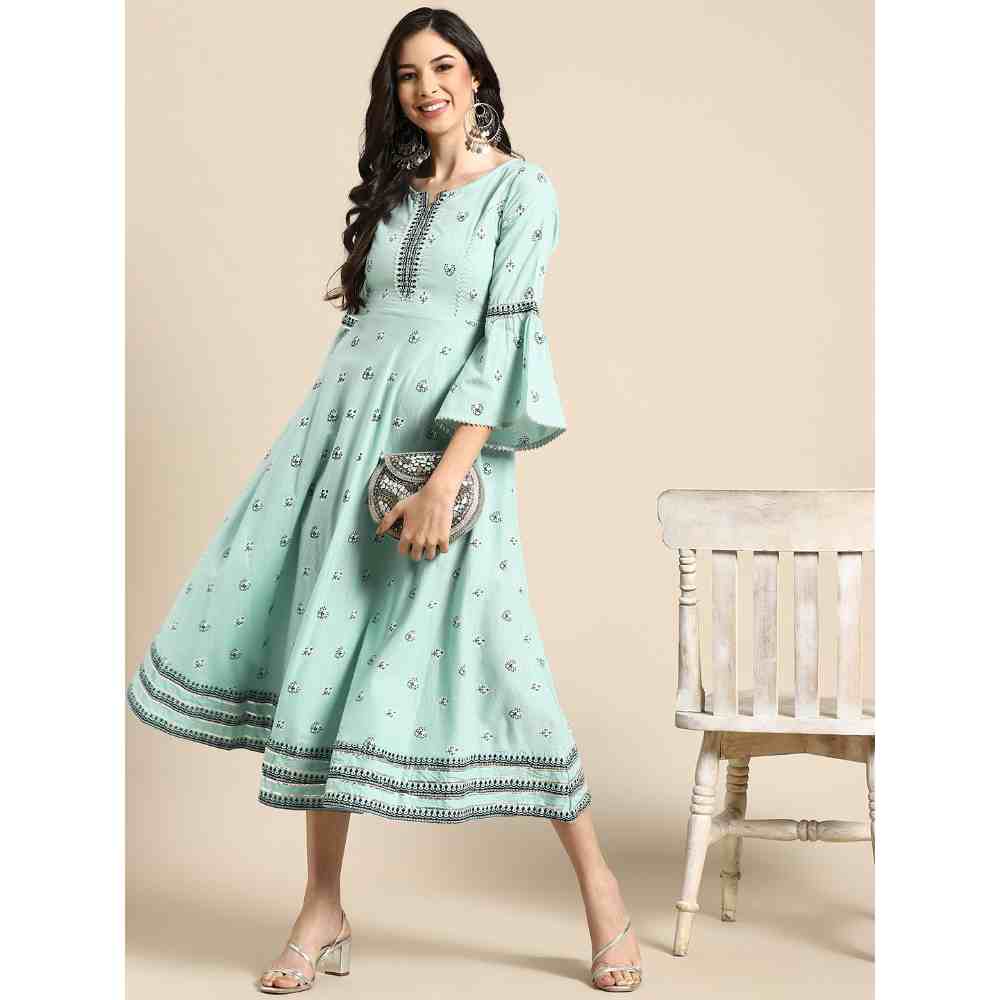 Rangmayee Womens Turquoise Blue & White Gotta Patti Floral Print Anarkali Maxi Dress