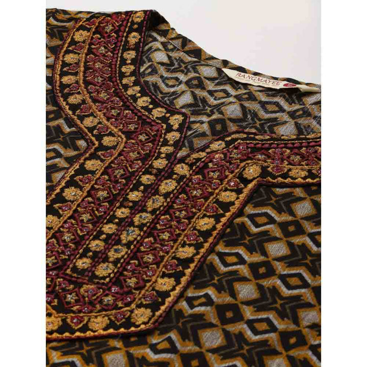Rangmayee Women Yellow & Black Geometric Print & Embroidered Straight Kurta