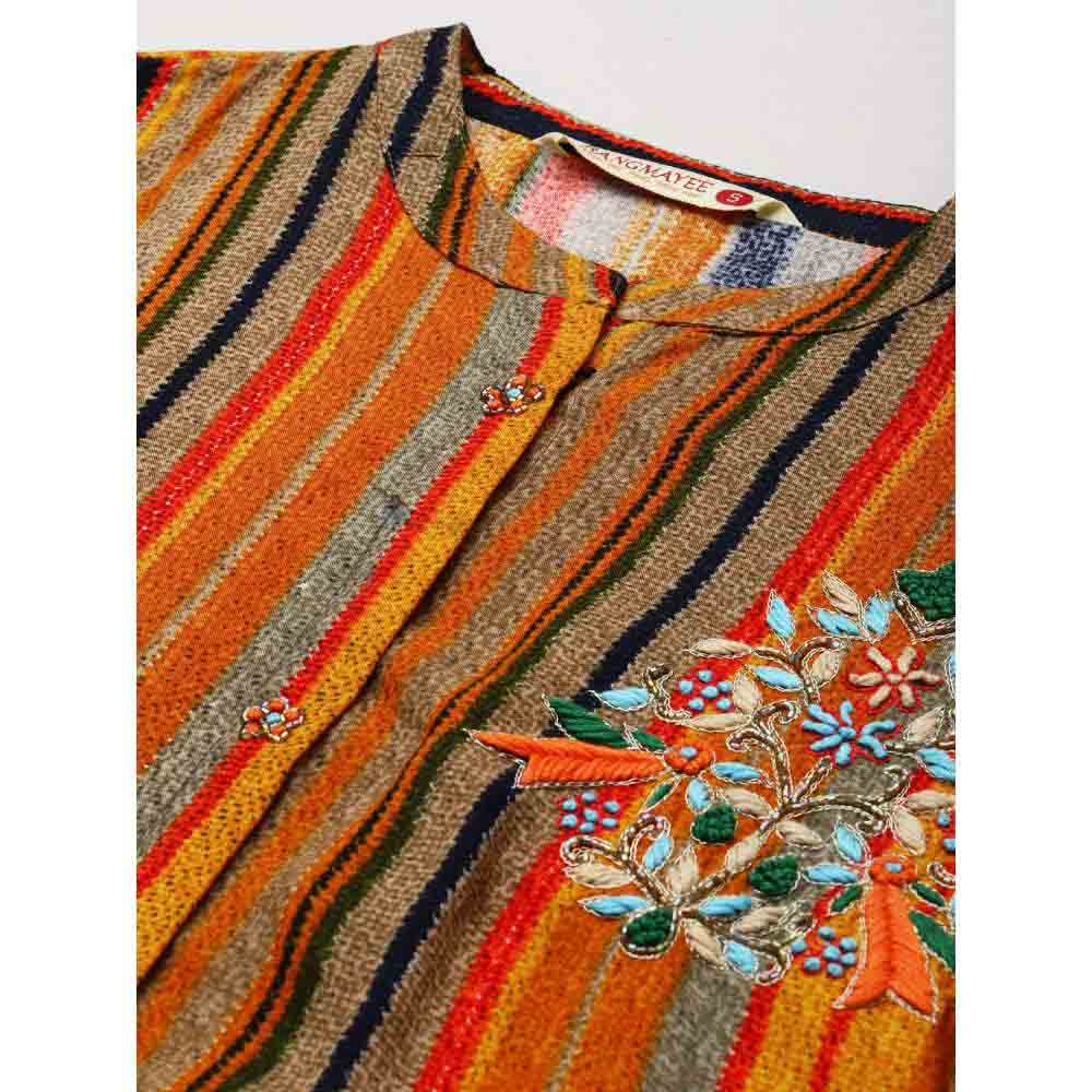 Rangmayee Women Red & Orange Stripe Printed & Hand Embroidery Straight Kurta