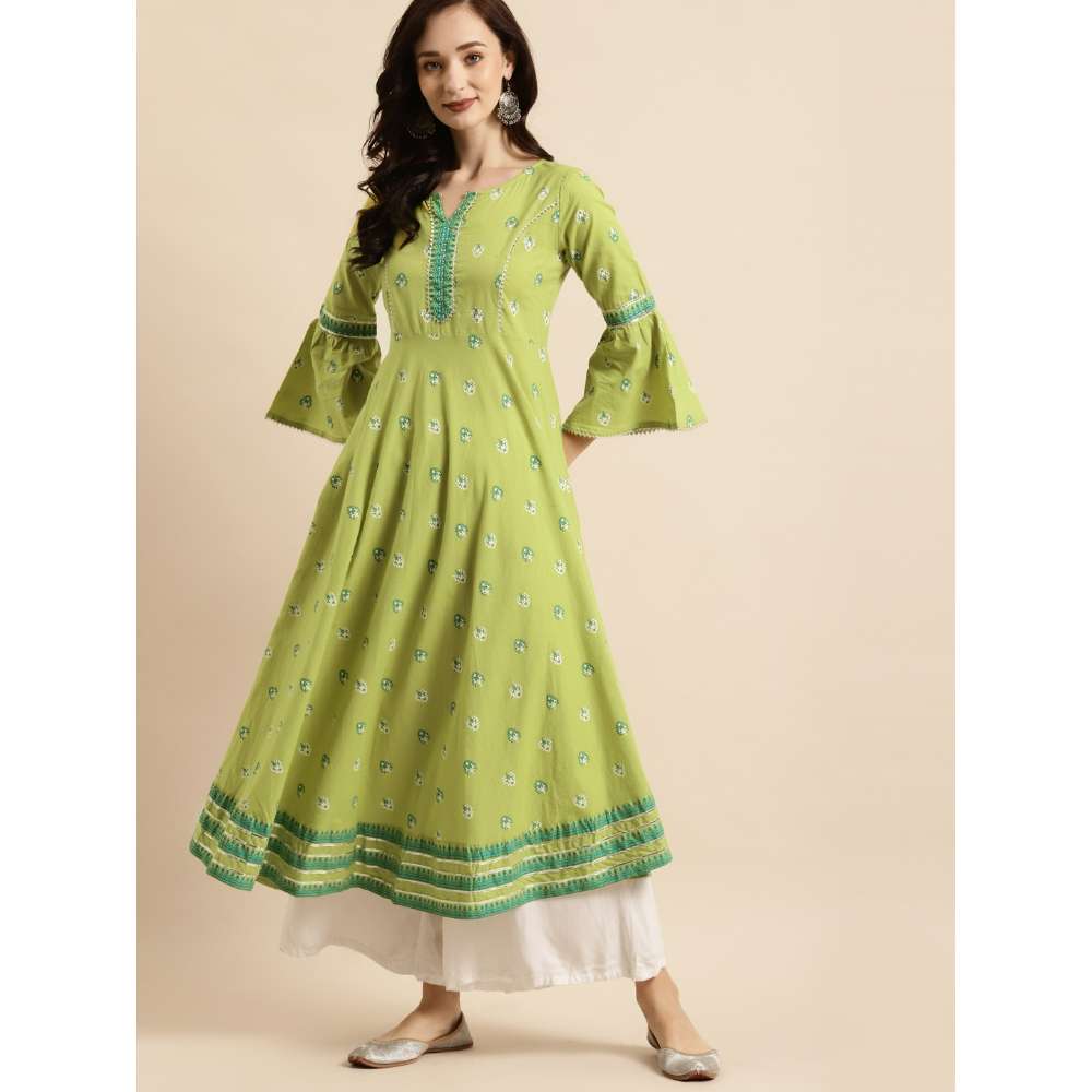 Rangmayee Womens Green & White Gotta Patti Floral Print Anarkali Maxi Dress