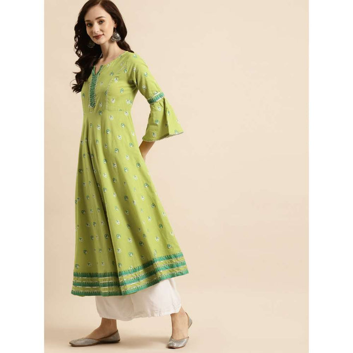 Rangmayee Womens Green & White Gotta Patti Floral Print Anarkali Maxi Dress